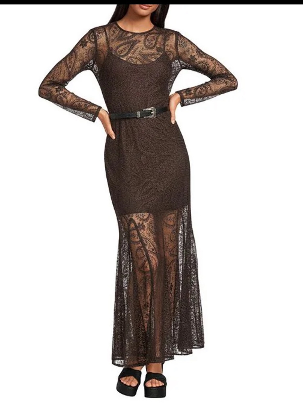 ANTONIO MELANI Brown Sheer Lace Long Sleeve Maxi Dress
